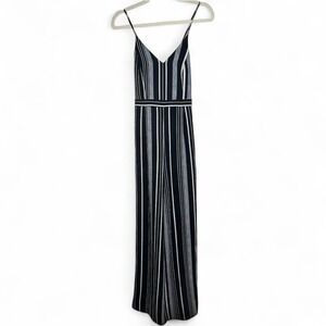 Solemio Navy White Striped Jumpsuit Small Spaghetti Strap Tie Back Wide Leg
